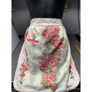 Vintage Handmade Floral Terrycloth Apron with Pink Ties & Pocket